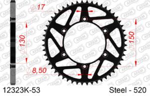 Couronne acier 53 dents pas 520 – motos compatibles – AFAM 12323K-53