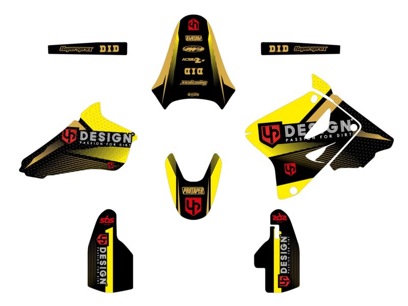 Kit déco moto Suzuki RM85 (2002-2022) – UP Design Spike Noir Jaune – Vinyle haute performance