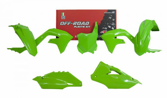 Kit plastique Kawasaki KXF vert (6 pièces + prot. fourche) 2024 – R’Tech RKITKXFVE0624