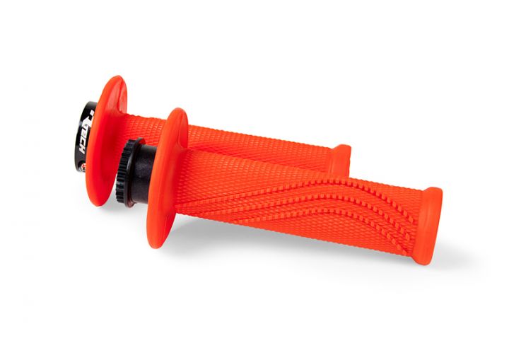 Poignées motocross ø28,5 mm – Compatibles toutes marques – R’Tech R20 Lock-on Wave Orange Fluo