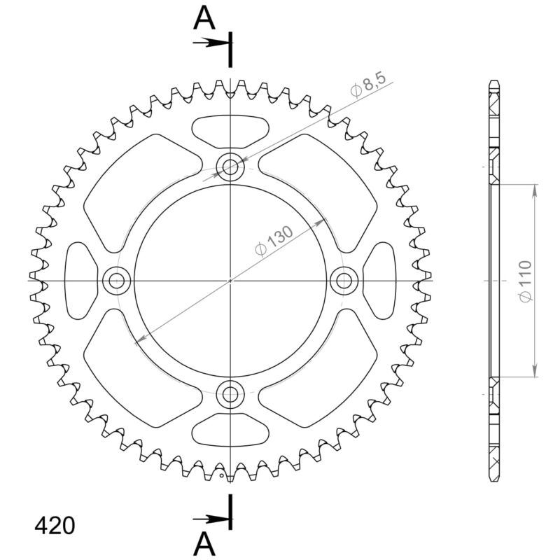 Couronne aluminium 55 dents pas 420 Honda CR80 R / CR85-B / CRF150 RB 1996-2014 – Supersprox AB104X55