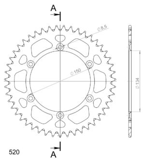 Couronne aluminium 520 – Kawasaki KDX200 / KX500 / KX125 / KX250 – 1986 à 2004 – Supersprox AH206X47